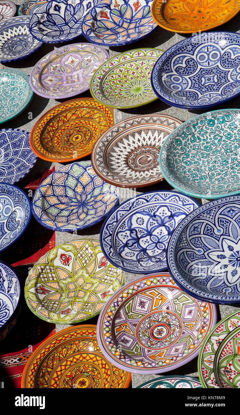Traditional arabic handcrafted, colorful decorated plates of Morocco
