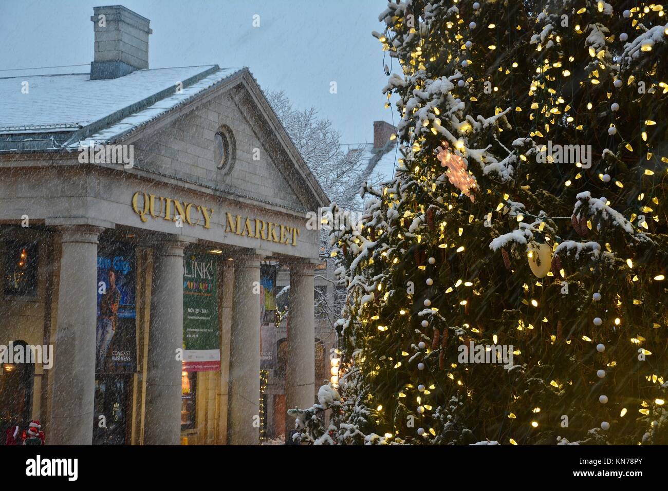 The iconic Faneuil Hall/Quincy Market Christmas tree seen in downtown Boston during the first snow storm of December.  Boston, Massachusetts, USA Stock Photo