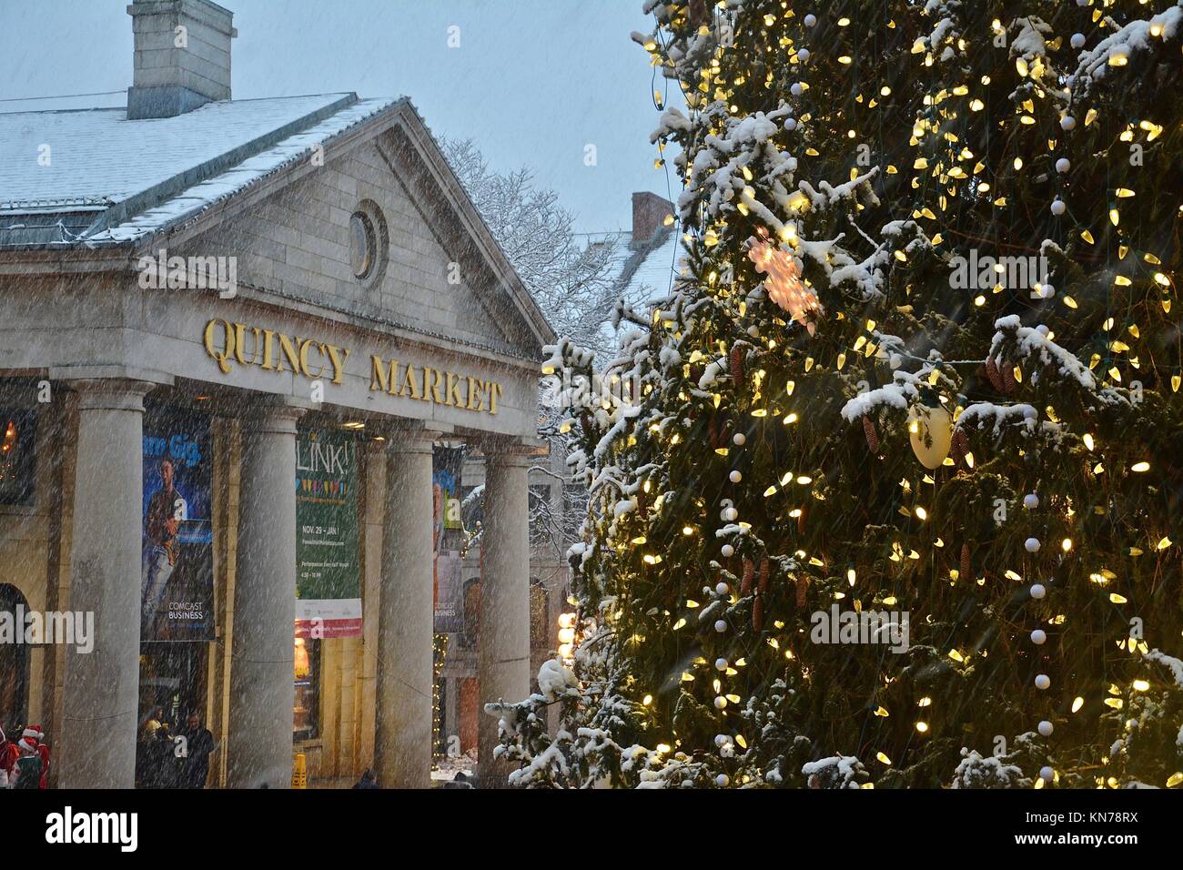 The iconic Faneuil Hall/Quincy Market Christmas tree seen in downtown
