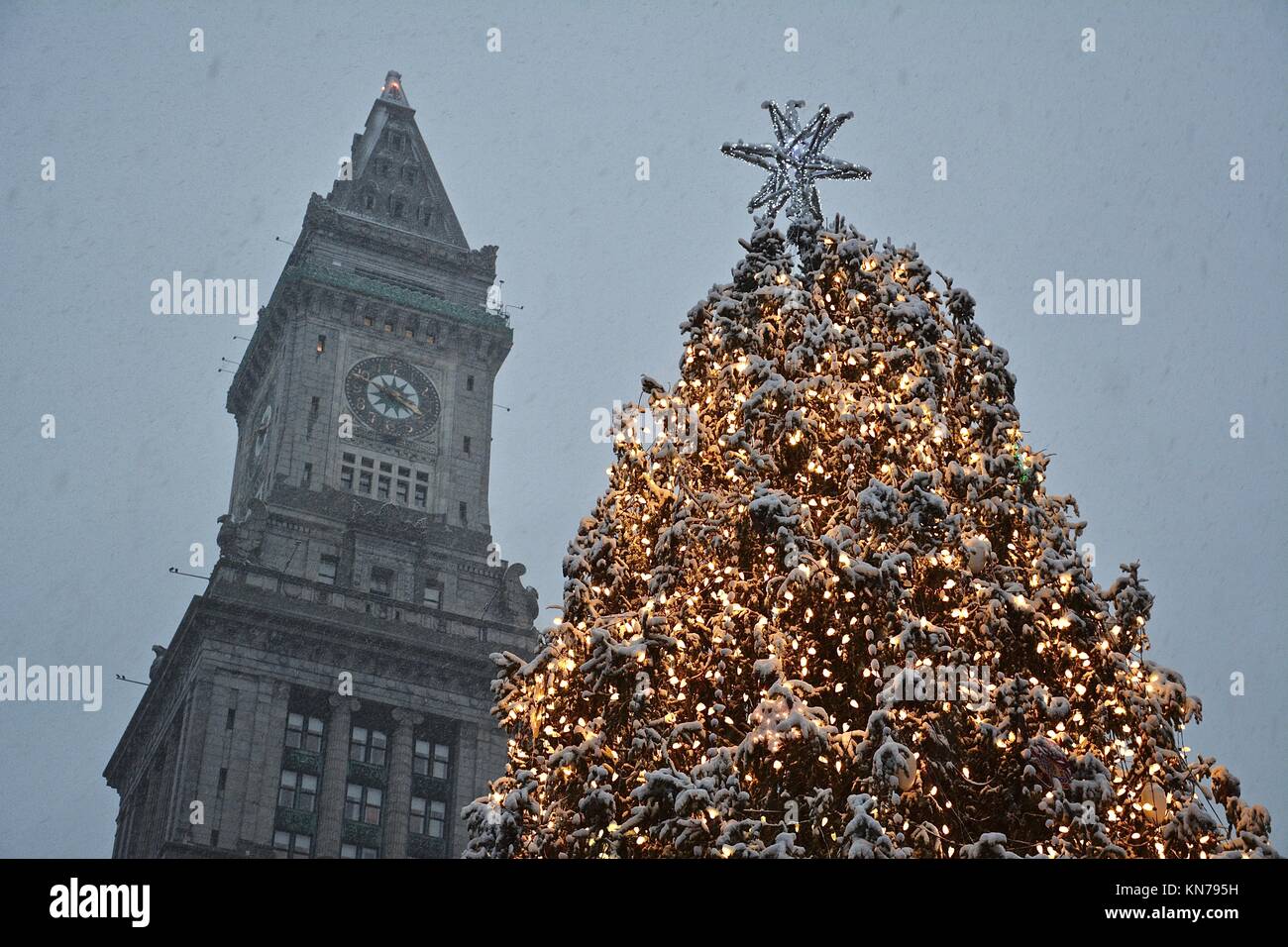 The iconic Faneuil Hall/Quincy Market Christmas tree seen in downtown Boston during the first