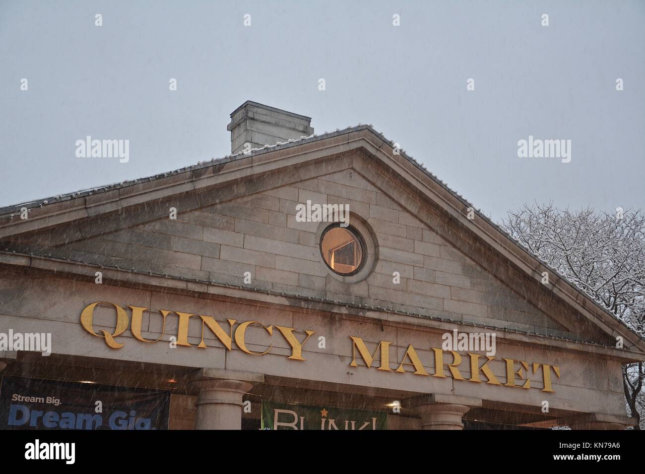 The iconic Faneuil Hall/Quincy Market Christmas tree seen in downtown