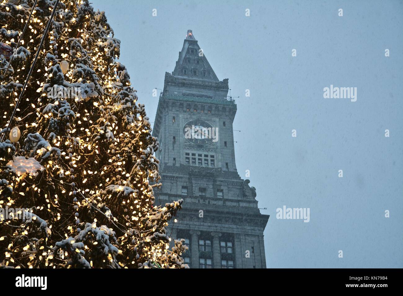 The iconic Faneuil Hall/Quincy Market Christmas tree seen in downtown