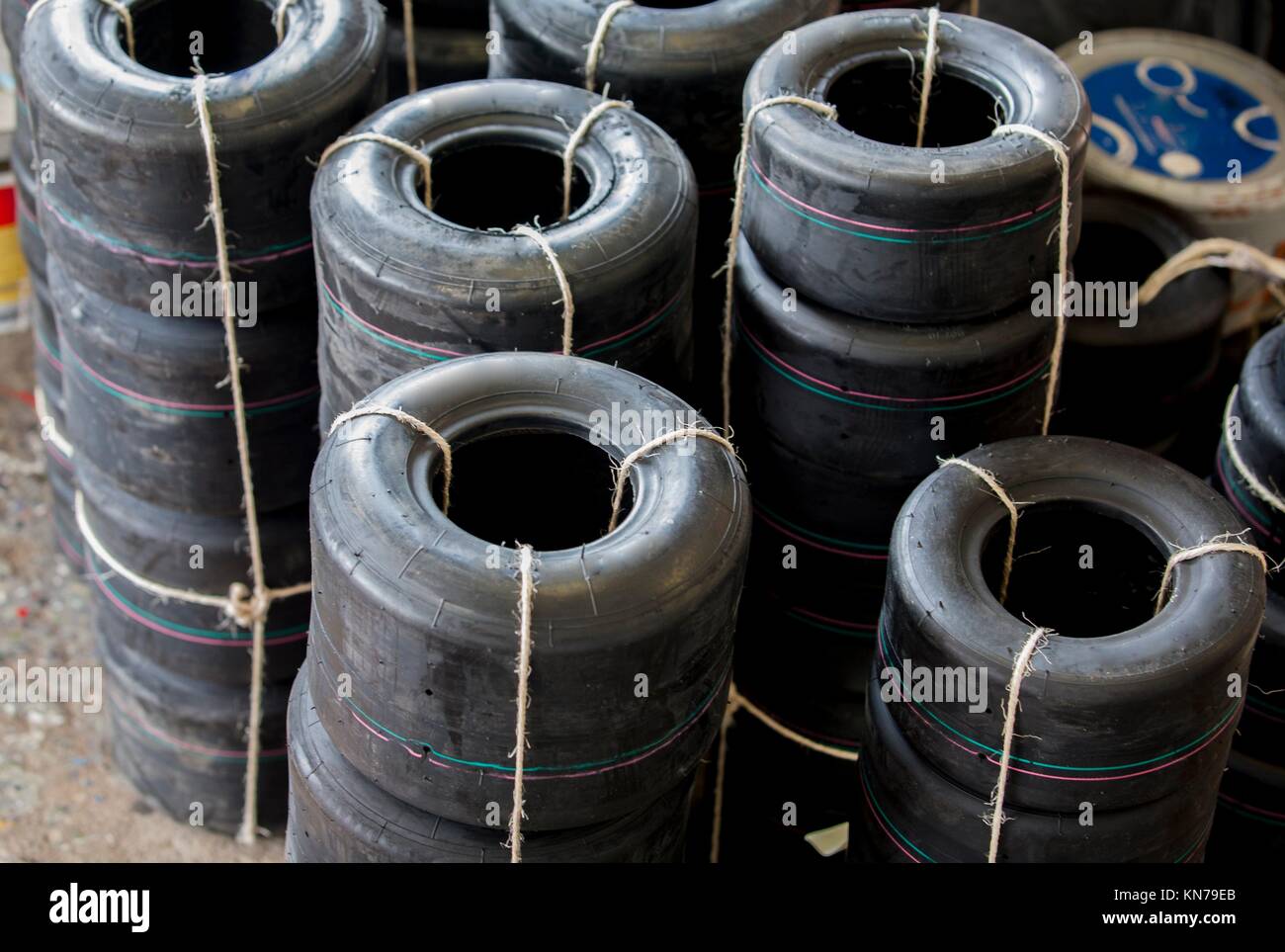 Loads of new karts wheels tires unpacked. Stock Photo