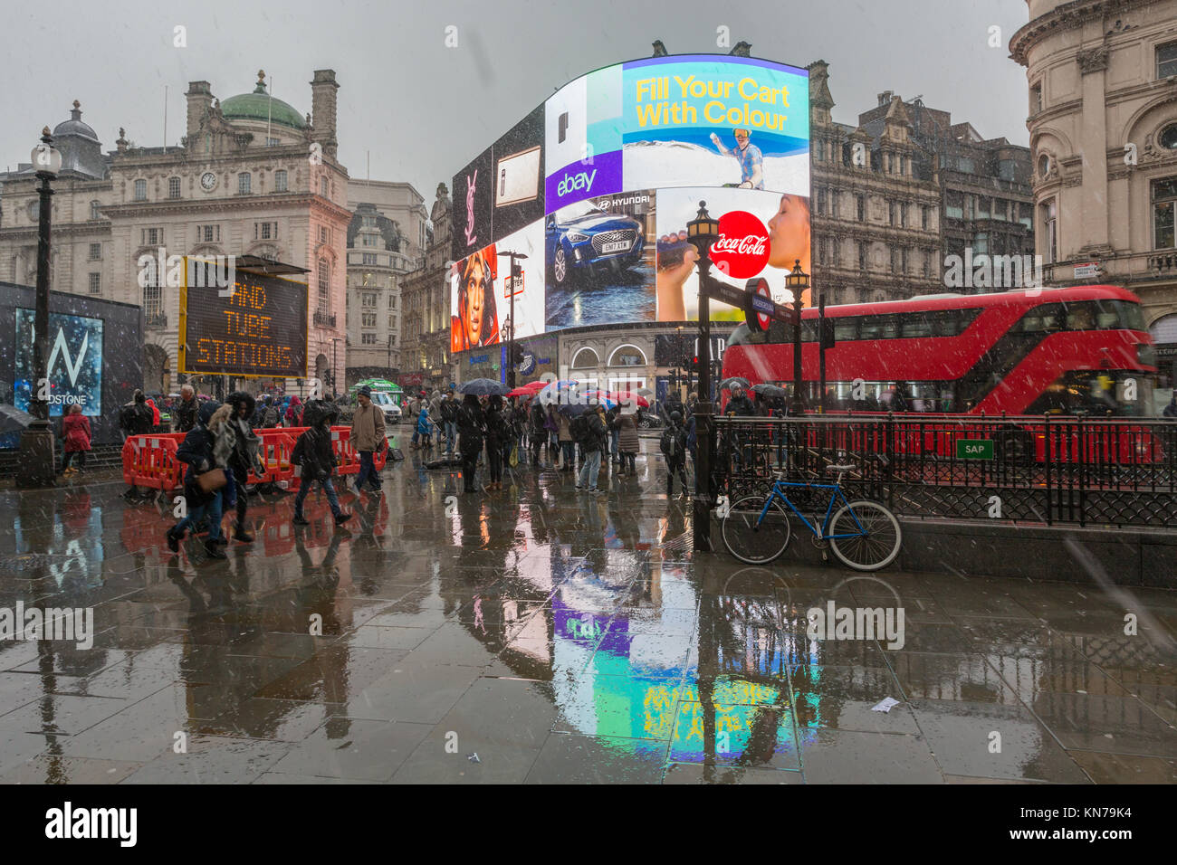 Piccadilly Circus in the rain, London, UK Stock Photo