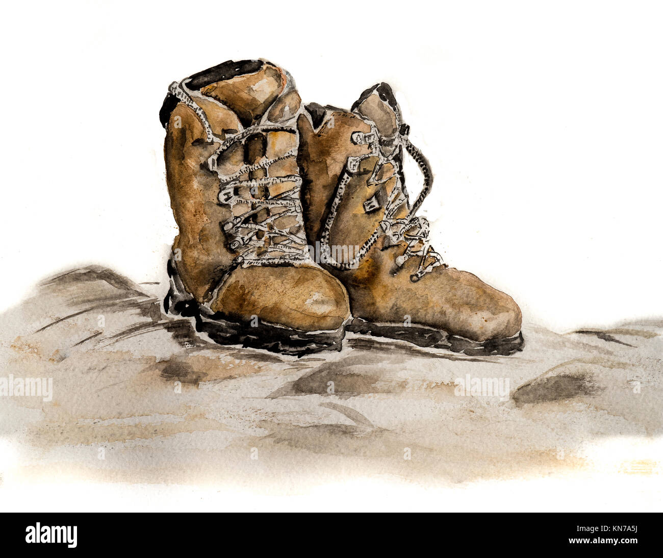Watercolour style illustration of old walking boots sitting on muddy ground. Part cutout Stock