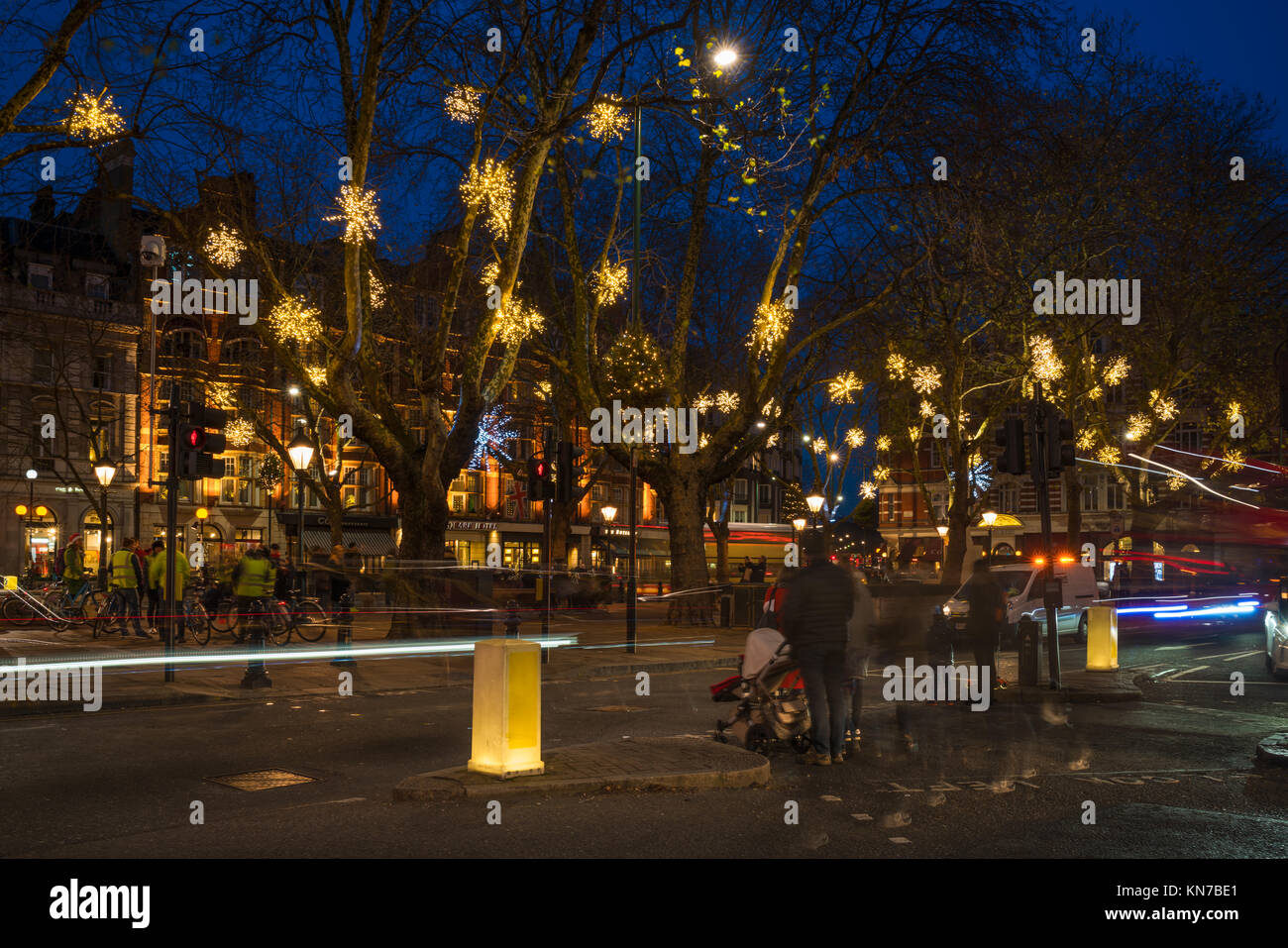 LONDON, UK - DECEMBER 09, 2017: Christmas Lights decorations on Sloane Square - a lovely, fashionable,  pedestrianized area in the Royal Borough of Ke Stock Photo