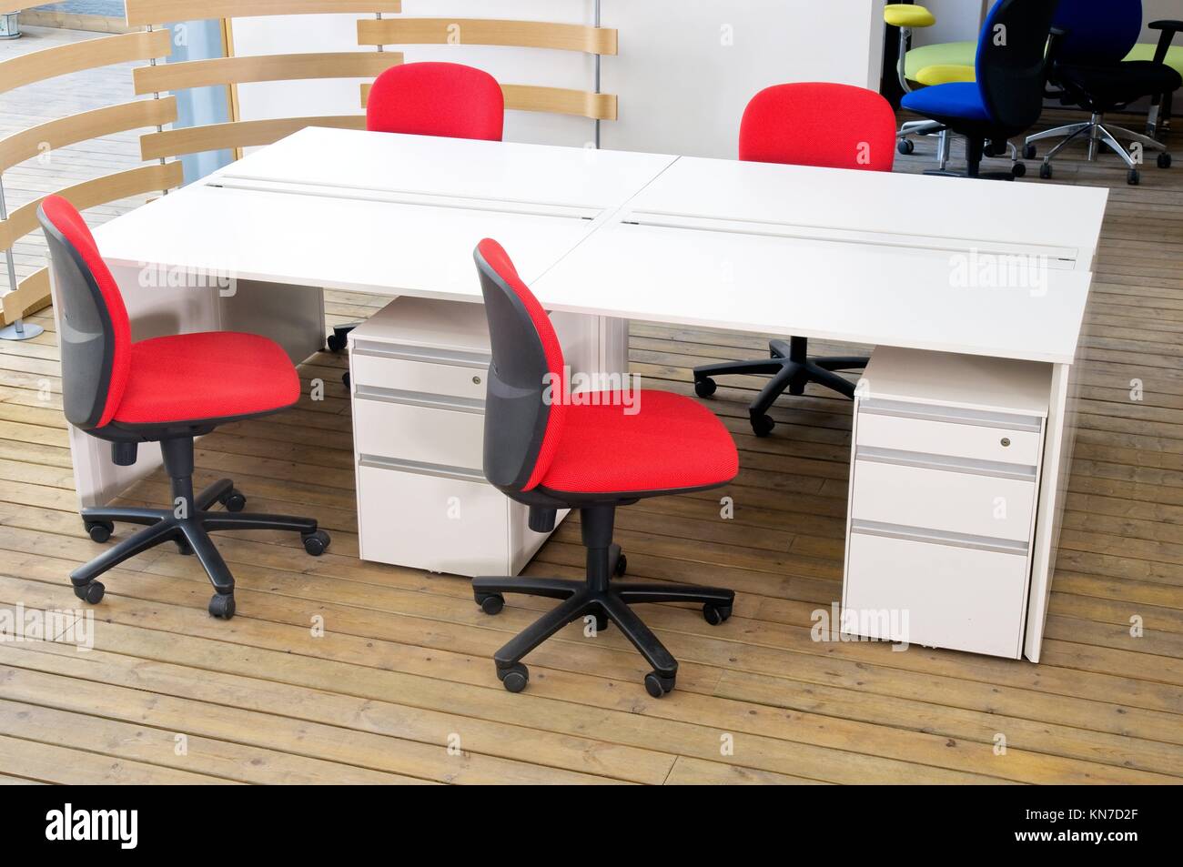 Office Desks And Red Chairs Cubicle Set View From Top Over
