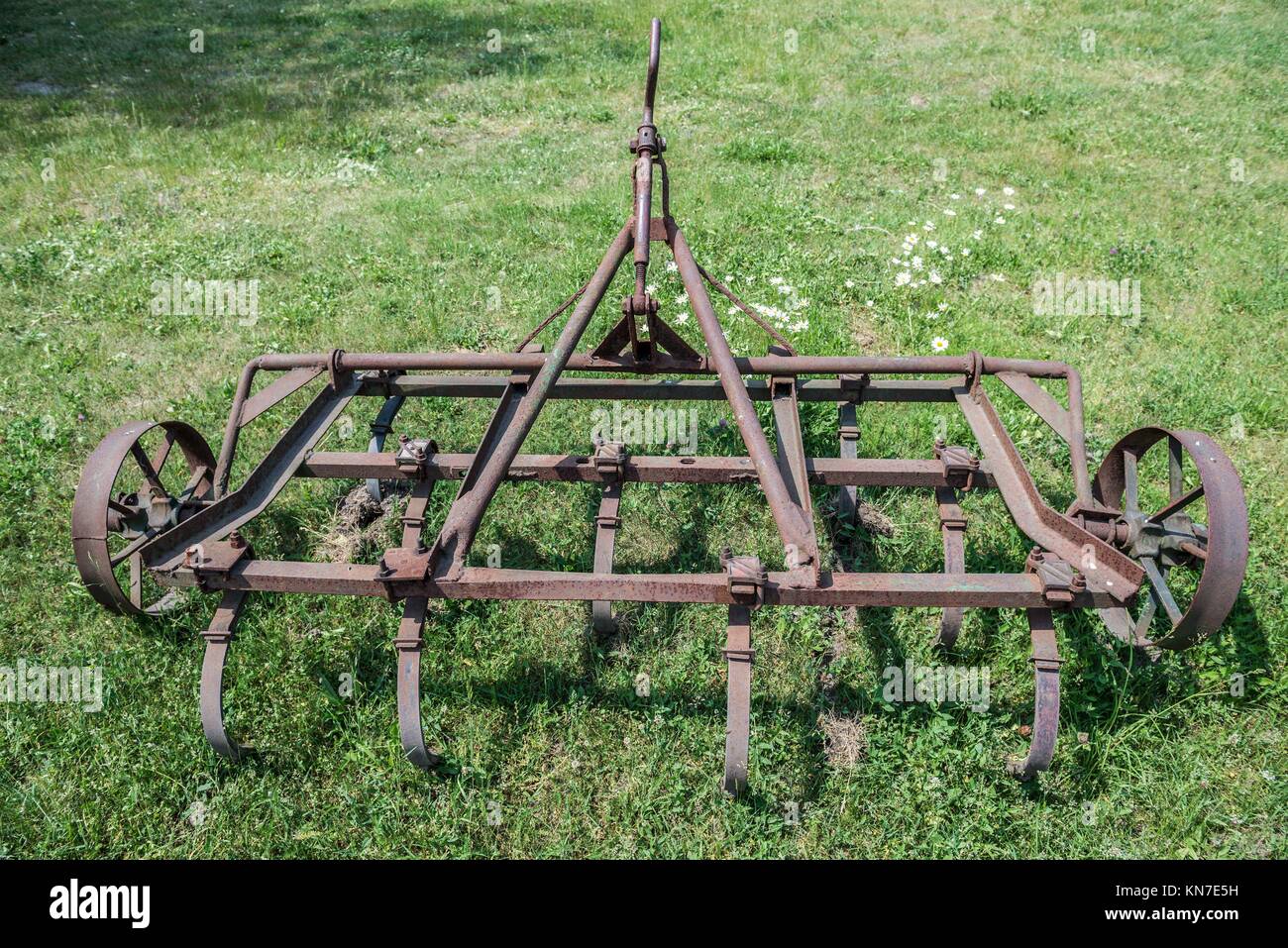 Old rusty spring tooth harrow in Poland Stock Photo Alamy