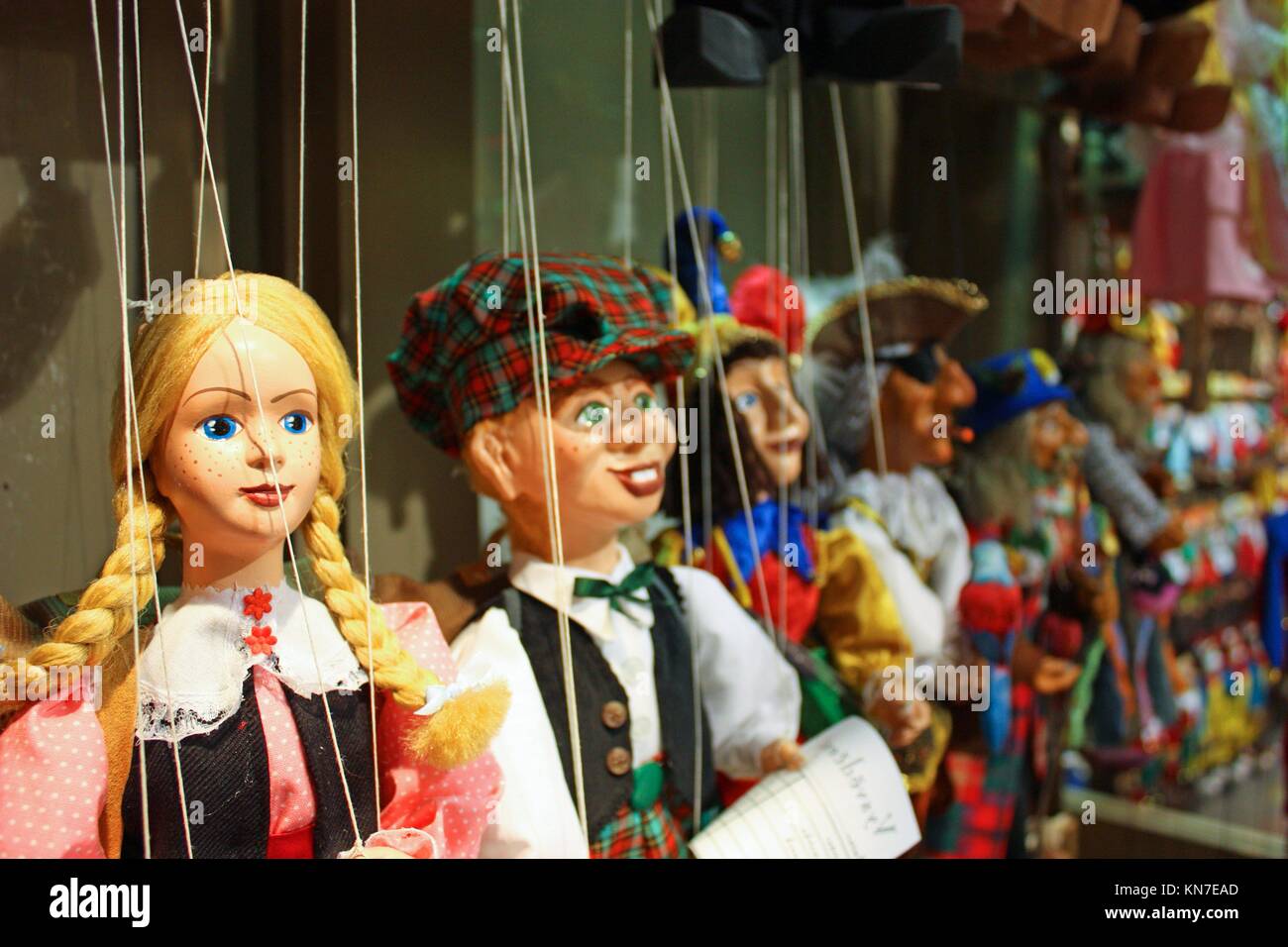 Traditional puppets made of wood. Shop in Prague Czech Republic Stock