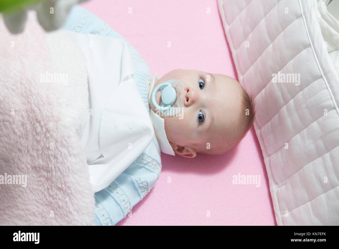 Awake four month baby boy lying in cot with bumper pad. Overhead view. Stock Photo