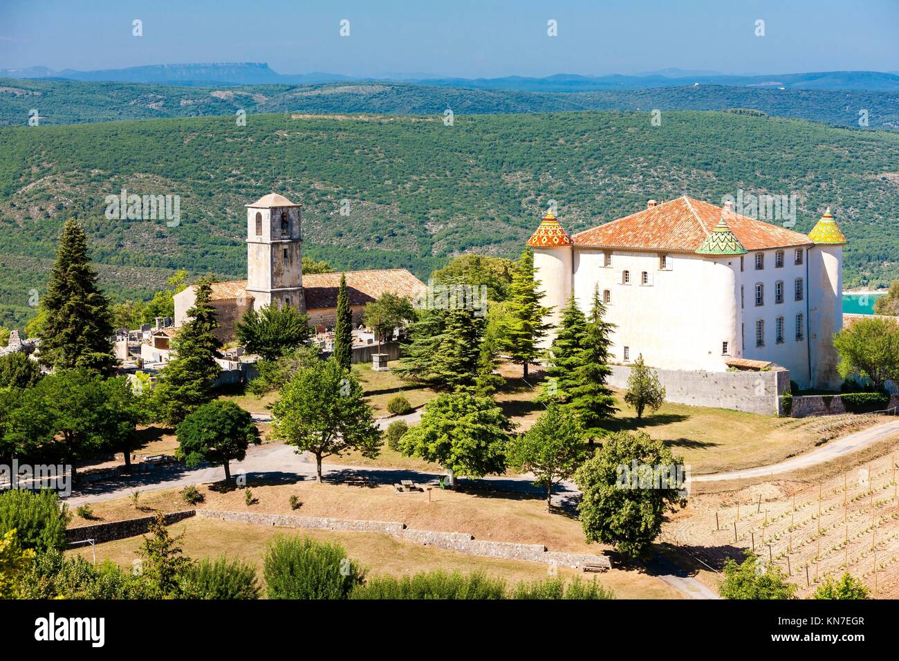 chateau and church in Aiguines, Var Department, Provence, France. Stock Photo