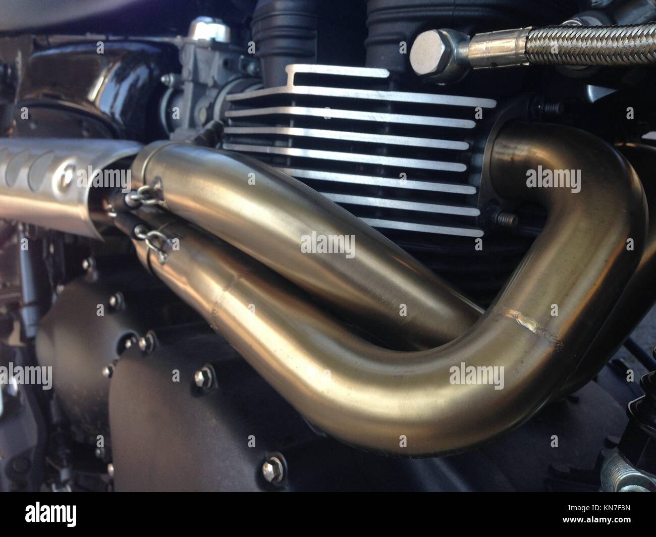 Close up view of a shiny motorcycle engine. Stock Photo