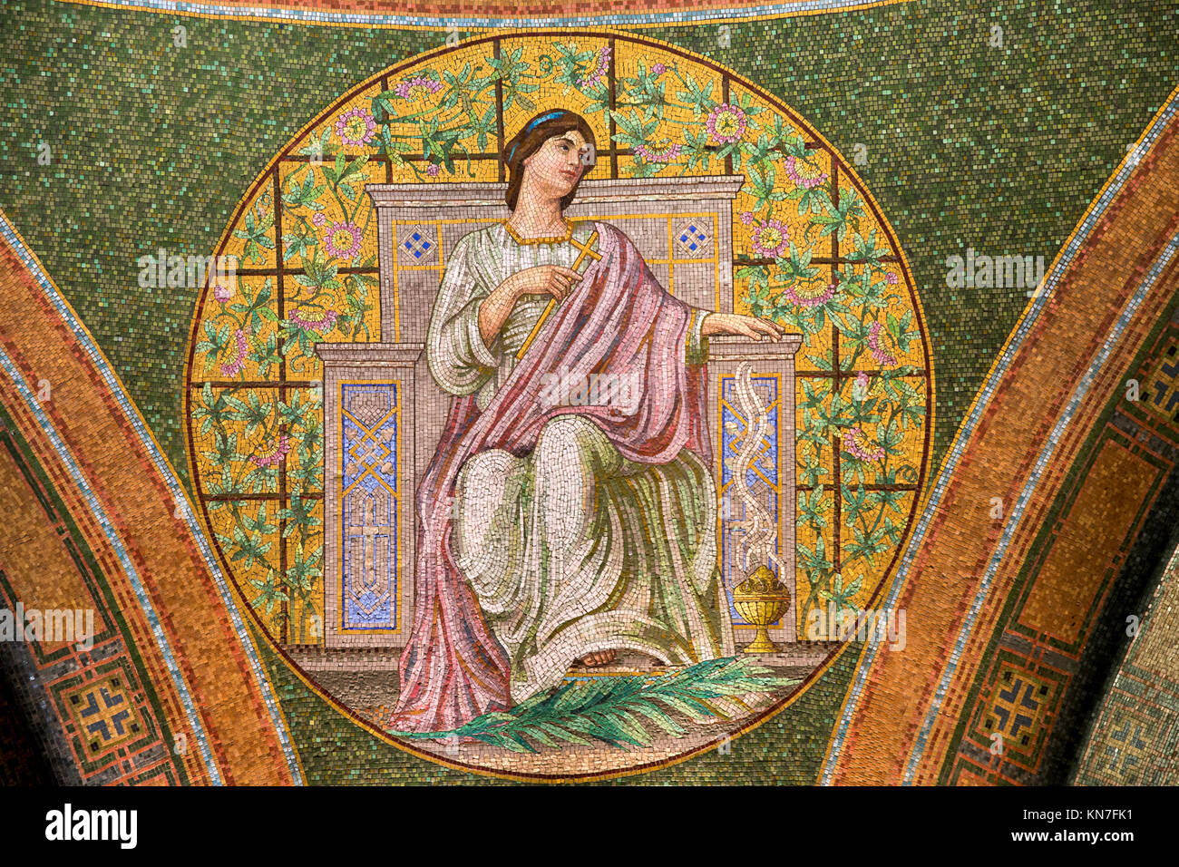 1909 tile mosaic depicting Faith in the Lakewood Memorial Chapel in Minneapolis, Minnesota. The mosaic was designed by the Charles Lamb Studios of New Stock Photo