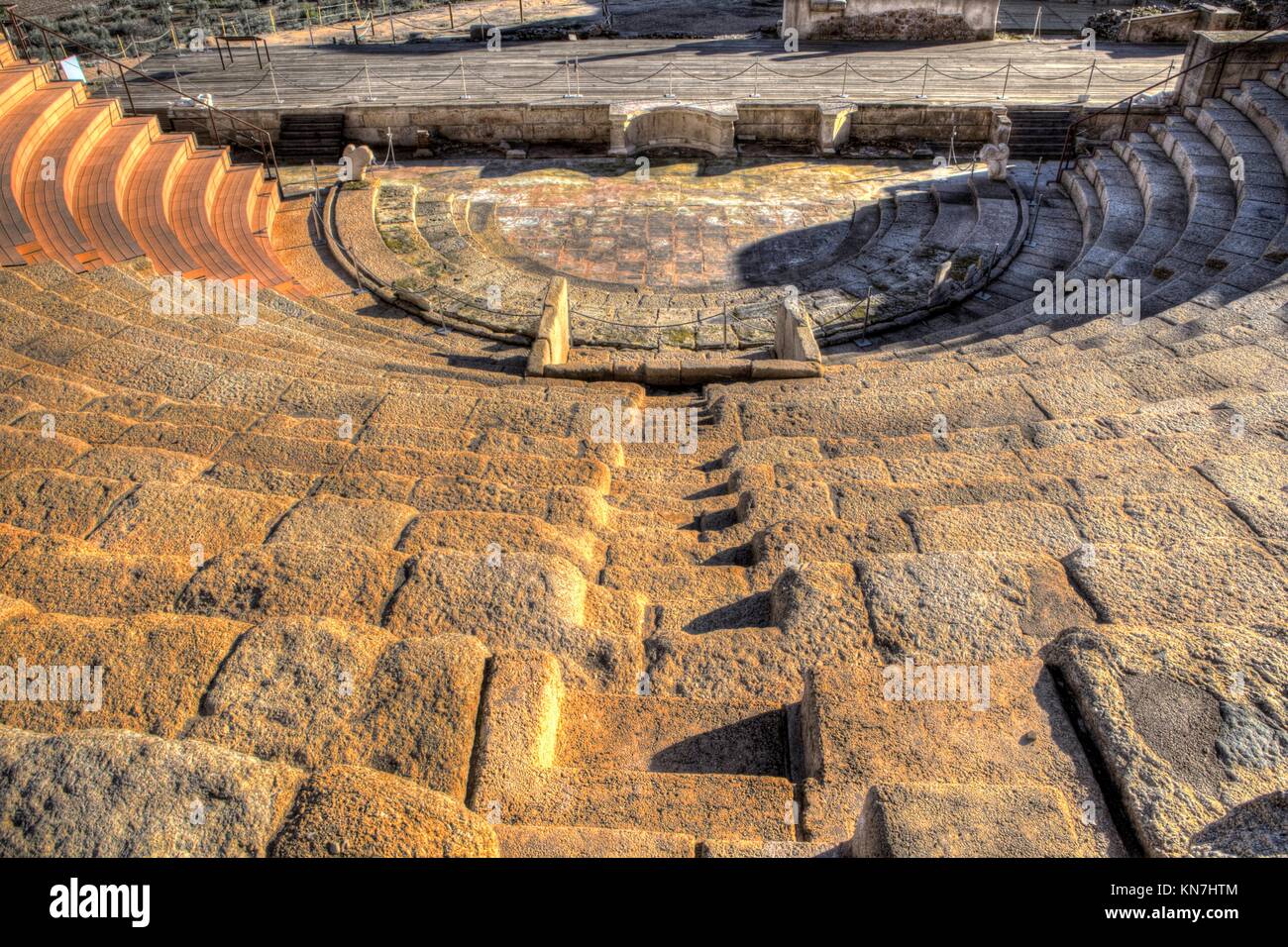 Roman theatre of Medellin, Spain. High view from grandstand to stage. Stock Photo