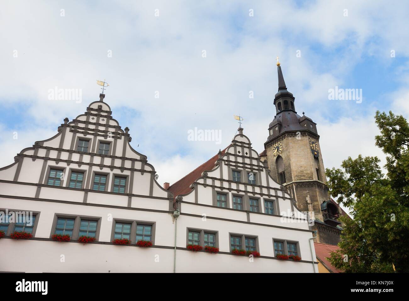 Amtsgericht (Courthouse) in Naumburg an der Saale, Germany, with St. Wenzel church. Stock Photo