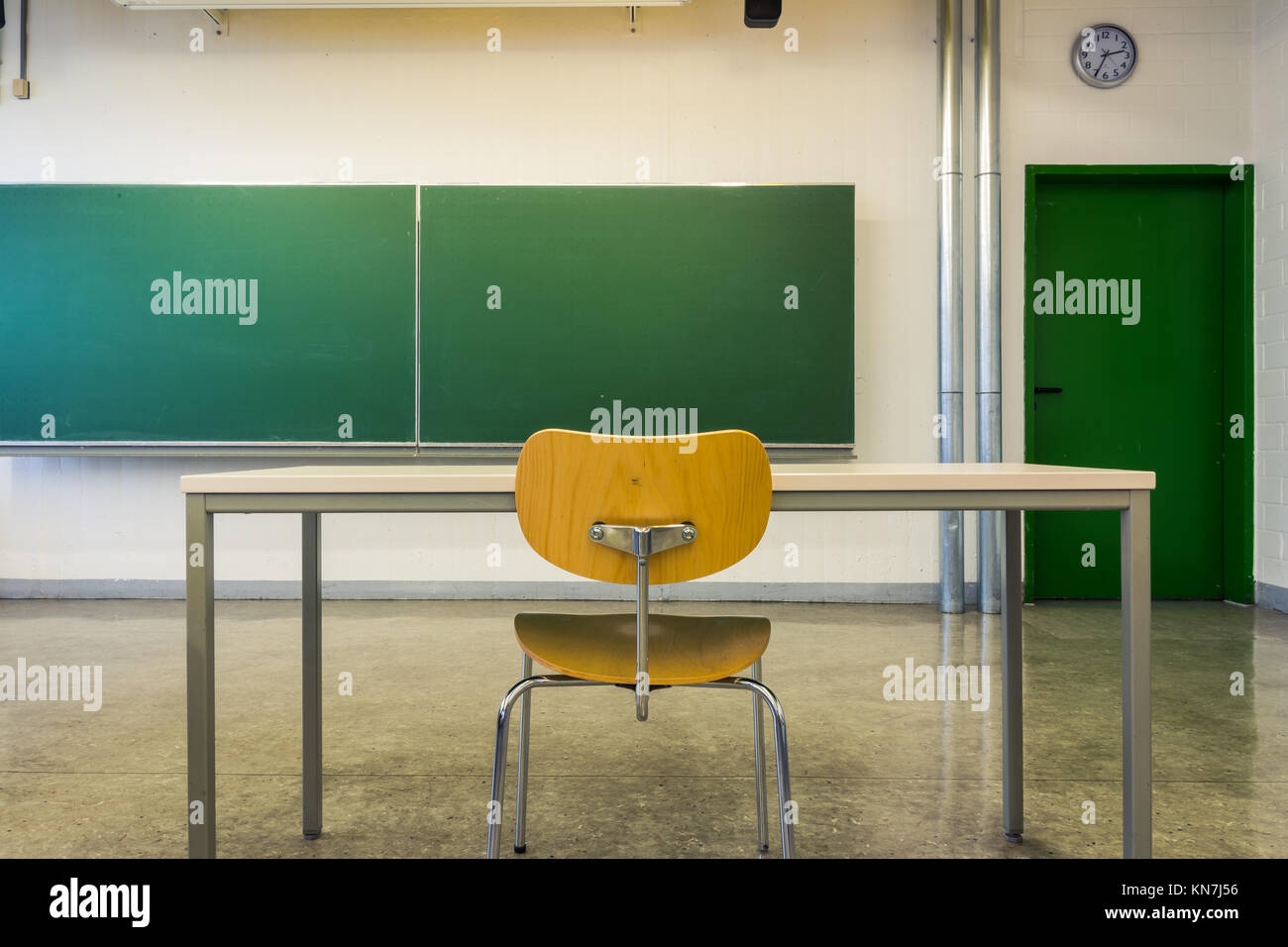 Empty Wooden Chairs at Tables Depth of Field Lecture Hall Nobody Green Chalkboard University