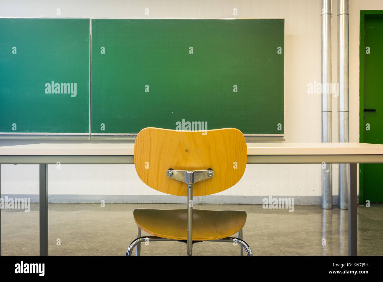 Empty Wooden Chairs at Tables Depth of Field Lecture Hall Nobody Green Chalkboard University