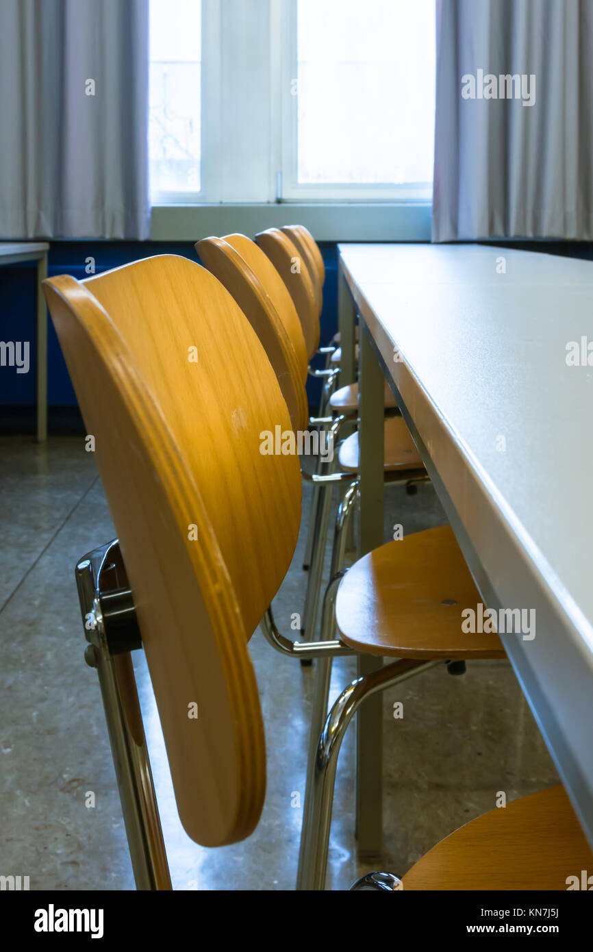 Empty Wooden Chairs at Tables Depth of Field Lecture Hall Nobody Green Chalkboard University