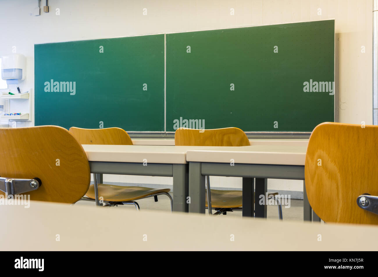 Empty Wooden Chairs at Tables Depth of Field Lecture Hall Nobody Green Chalkboard University