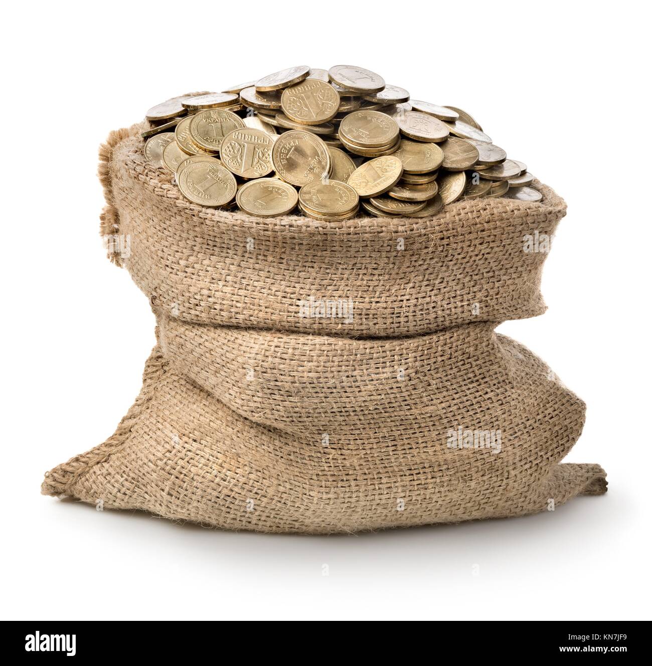 Bag with coins isolated on a white background Stock Photo Alamy