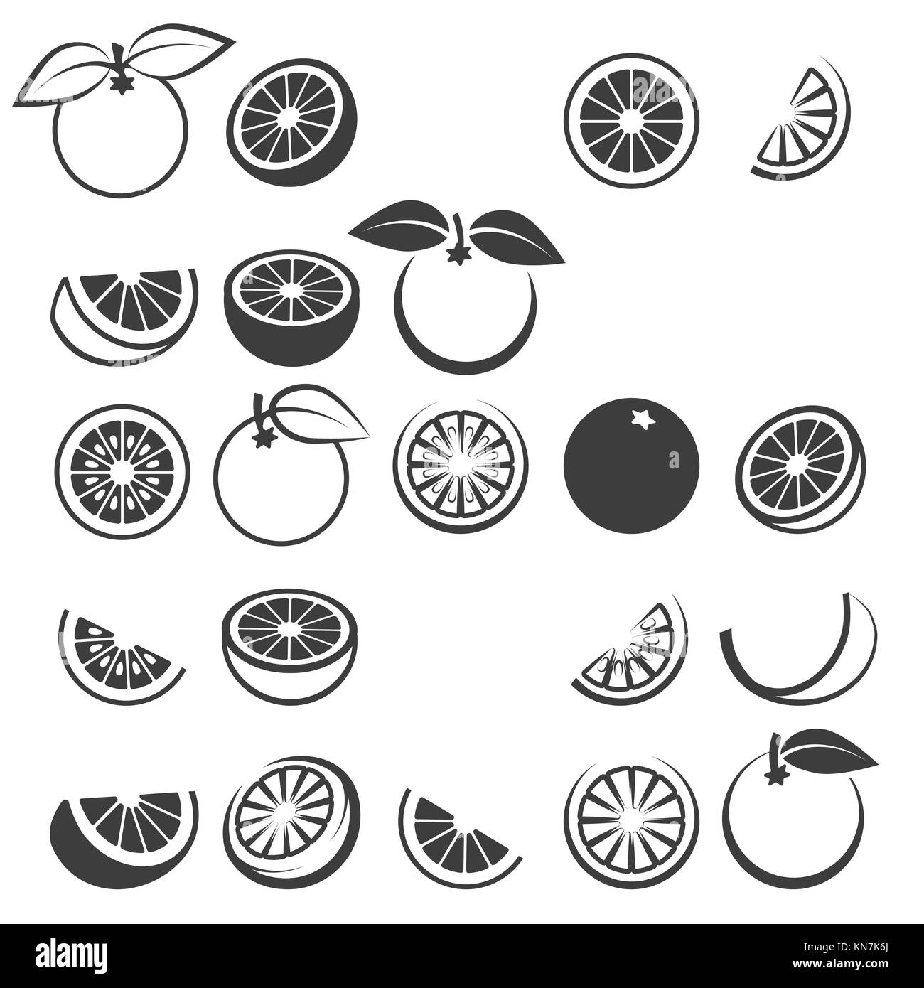 Orange icons. Tasty fresh vector black oranges fruits isolated on white background, citrus wedge, half and slices silhouette set Stock Vector