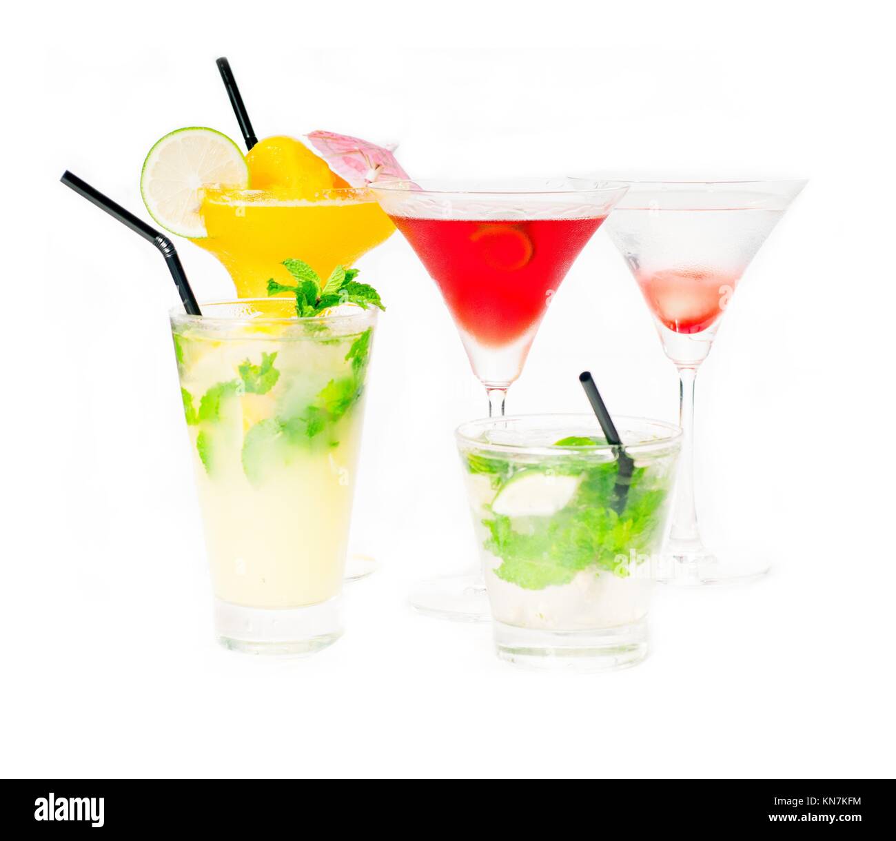 group of classic colorful cocktails drink isolated on white background