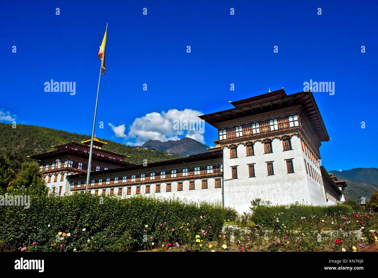 Seat of government Thimphu Dzong or Trashi Chhoe Dzong in the traditional architecural style, Thimphu, Bhutan. Stock Photo