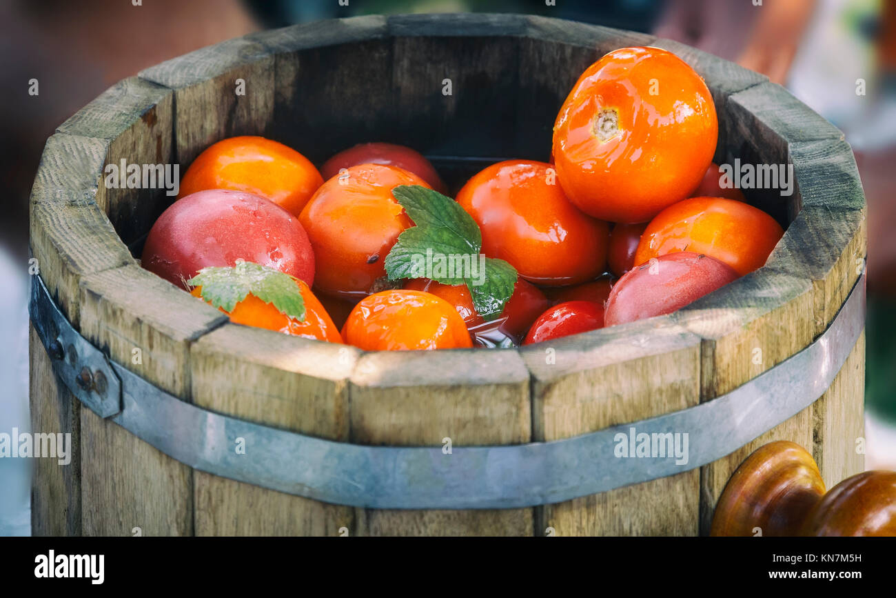 In large oak barrels delicious pickled tomatoes with spices: dill, currant leaf, cumin. Stock Photo