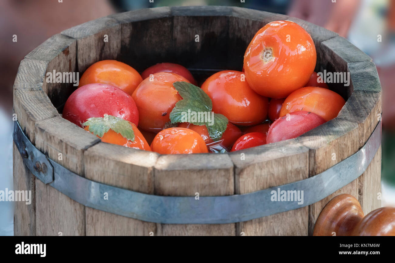 In large oak barrels delicious pickled tomatoes with spices: dill, currant leaf, cumin. Stock Photo