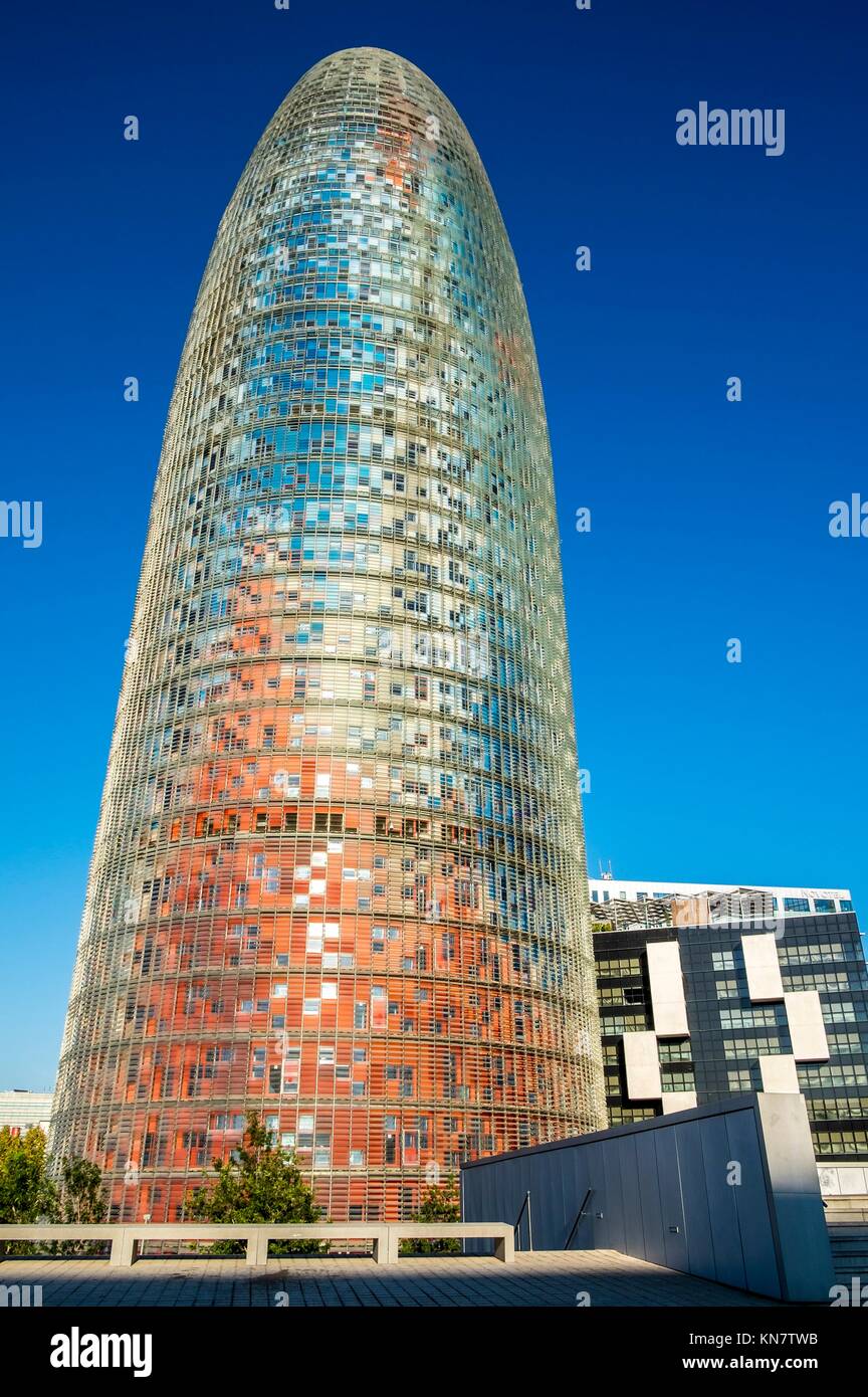 Agbar Tower, designed by architect Jean Nouvel. The building is located in the renovated area of Poble Nou, known as 22 @. Barcelona, Catalonia, Stock Photo