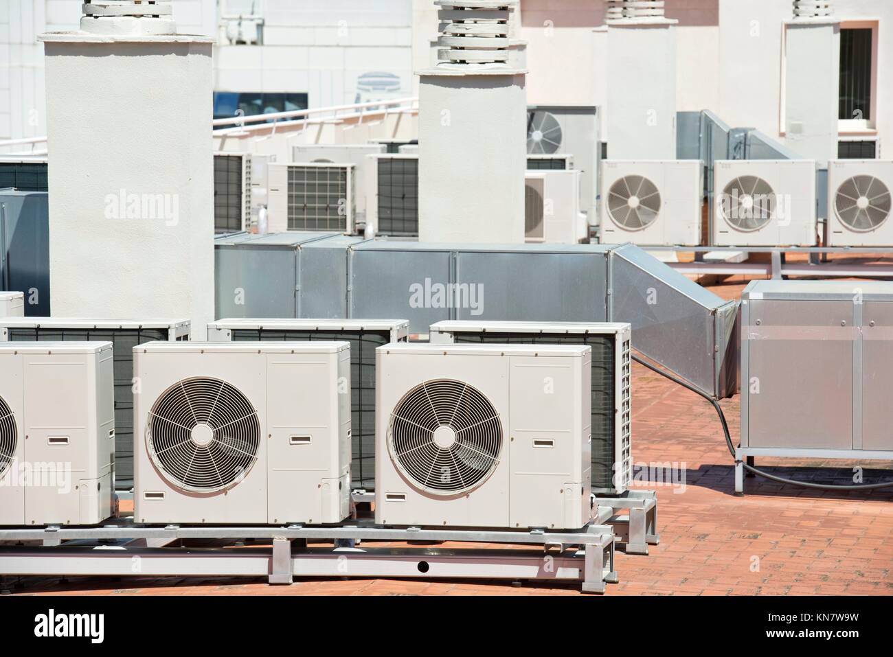 view on the roof of a building of a large air conditioning equipment