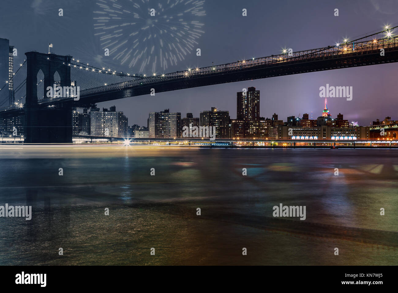 amazing sparkling fireworks Brooklyn Bridge at dusk viewed from the