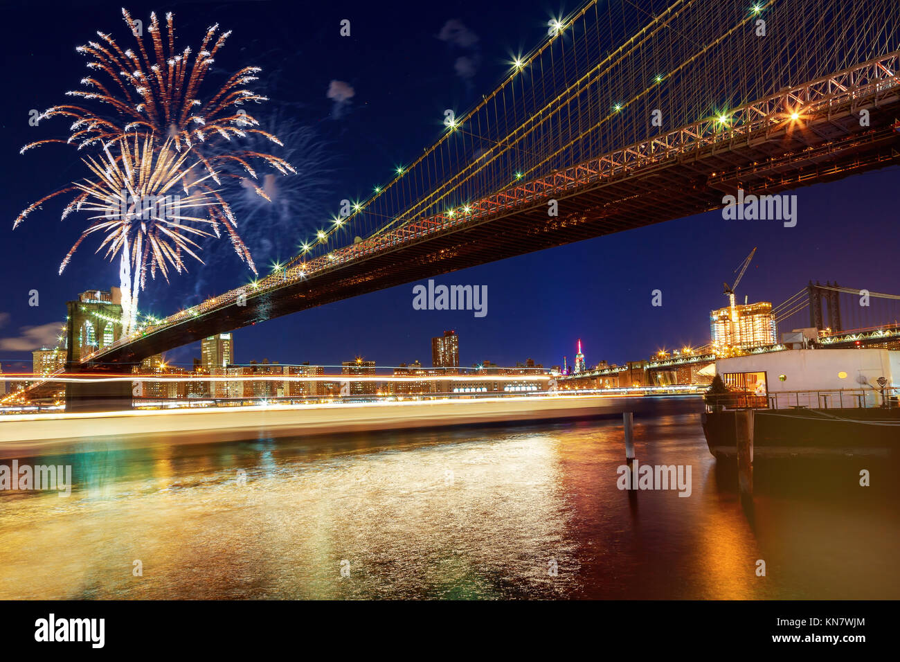 Amazing celebration fireworks Night New York Brooklyn Bridge New York