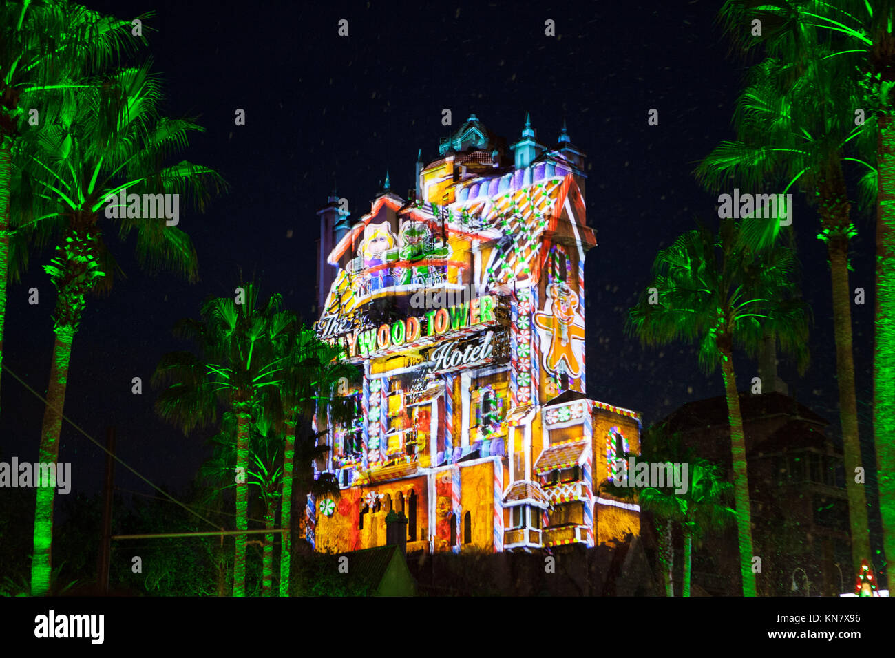 Sunset Season's Greetings, Tower of Terror, Disney's Hollywood Studios, Orlando, Florida Stock Photo