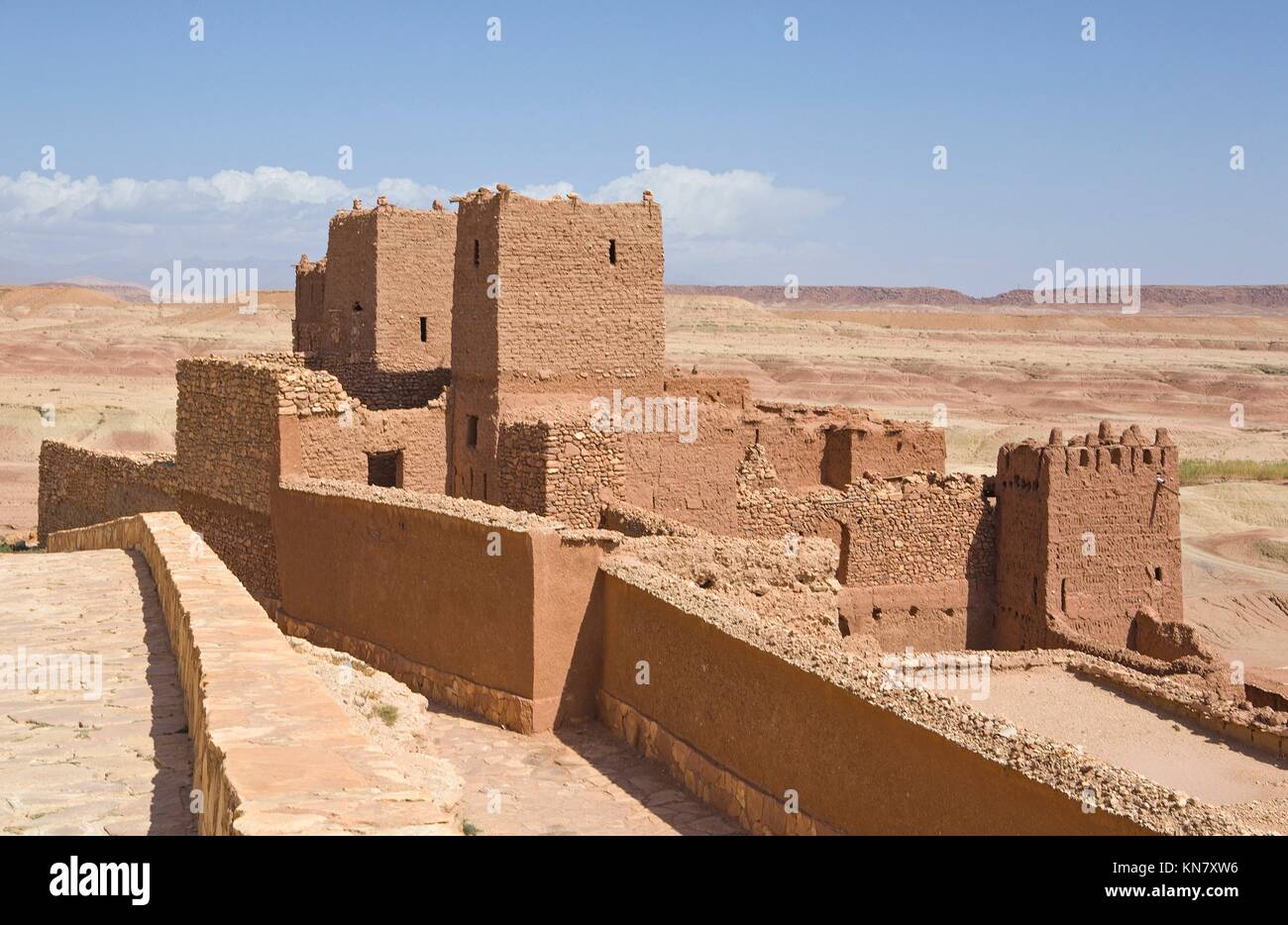 A view of the tall buildings made from clay in Ait Ben Haddou. Stock Photo