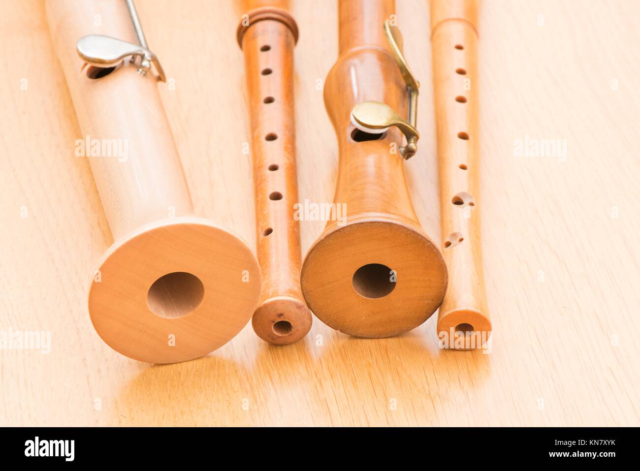 Close up of wooden recorders. Concept of playing the flute, music and traditional instruments