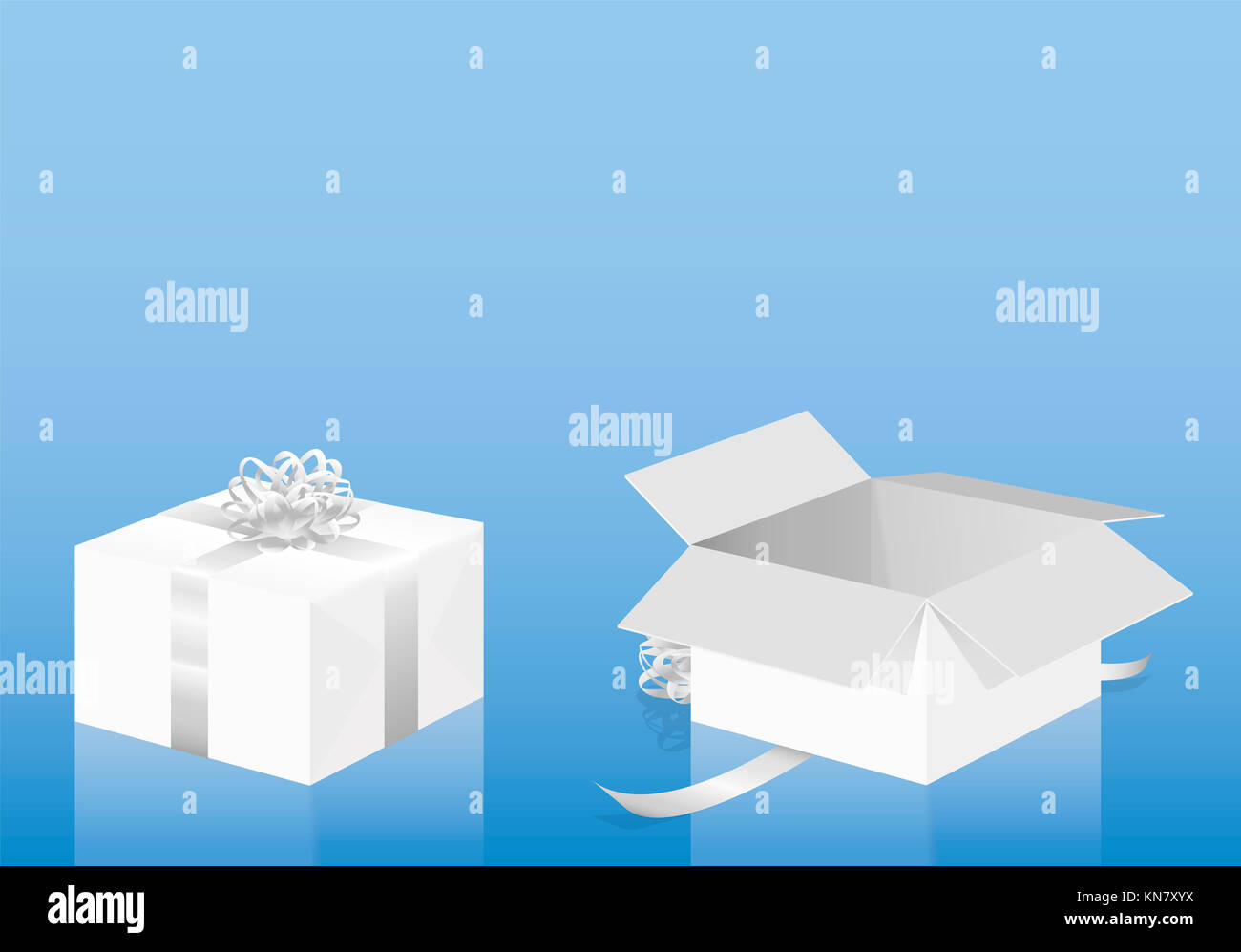 White gift package on blue background - closed, wrapped pack and opened present - three-dimensional illustration. Stock Photo