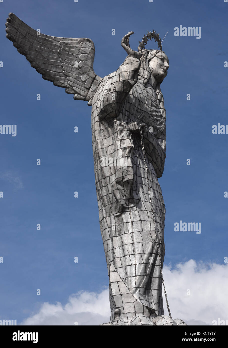 Detail of the huge aluminium covered statue of the Virgin of Quito. The