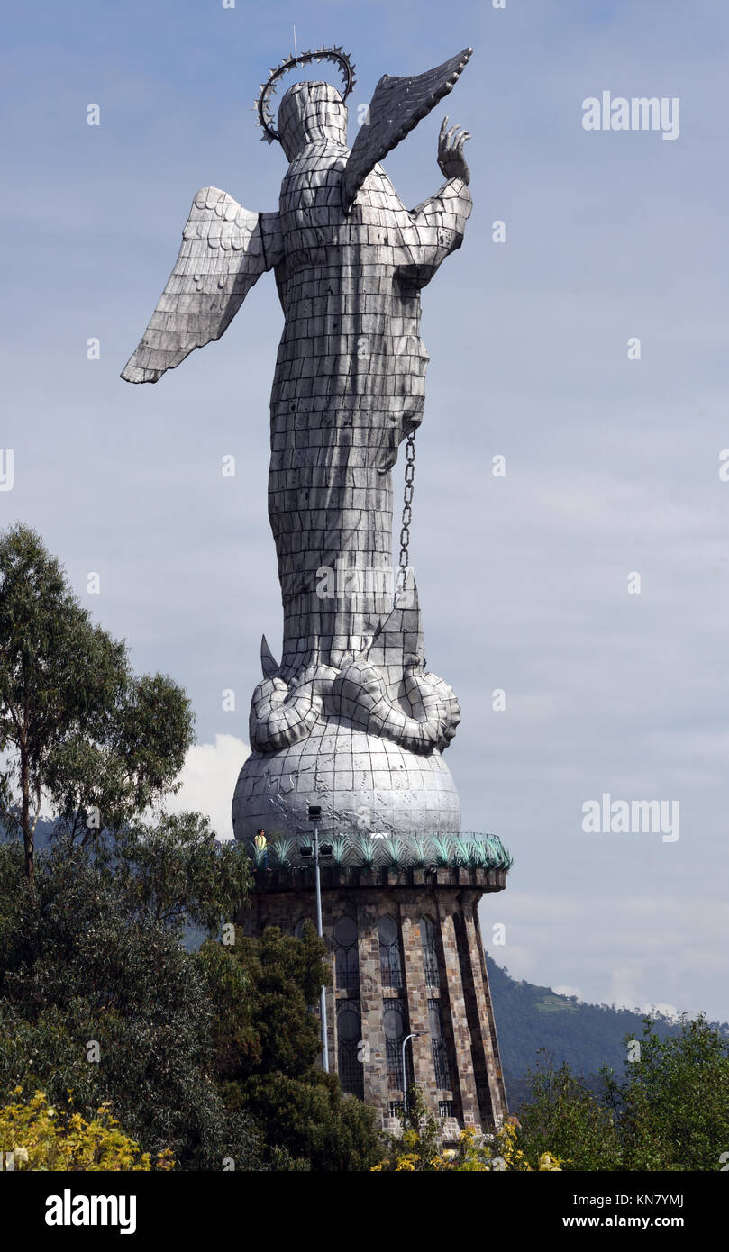 the huge aluminium covered statue of the Virgin of Quito. The statue is sited on the top of the hill above Quito called El Panecillo. It was Stock Photo