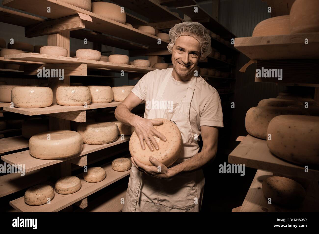 Cheese maker cleaning cheeses in his Stock Photo Alamy