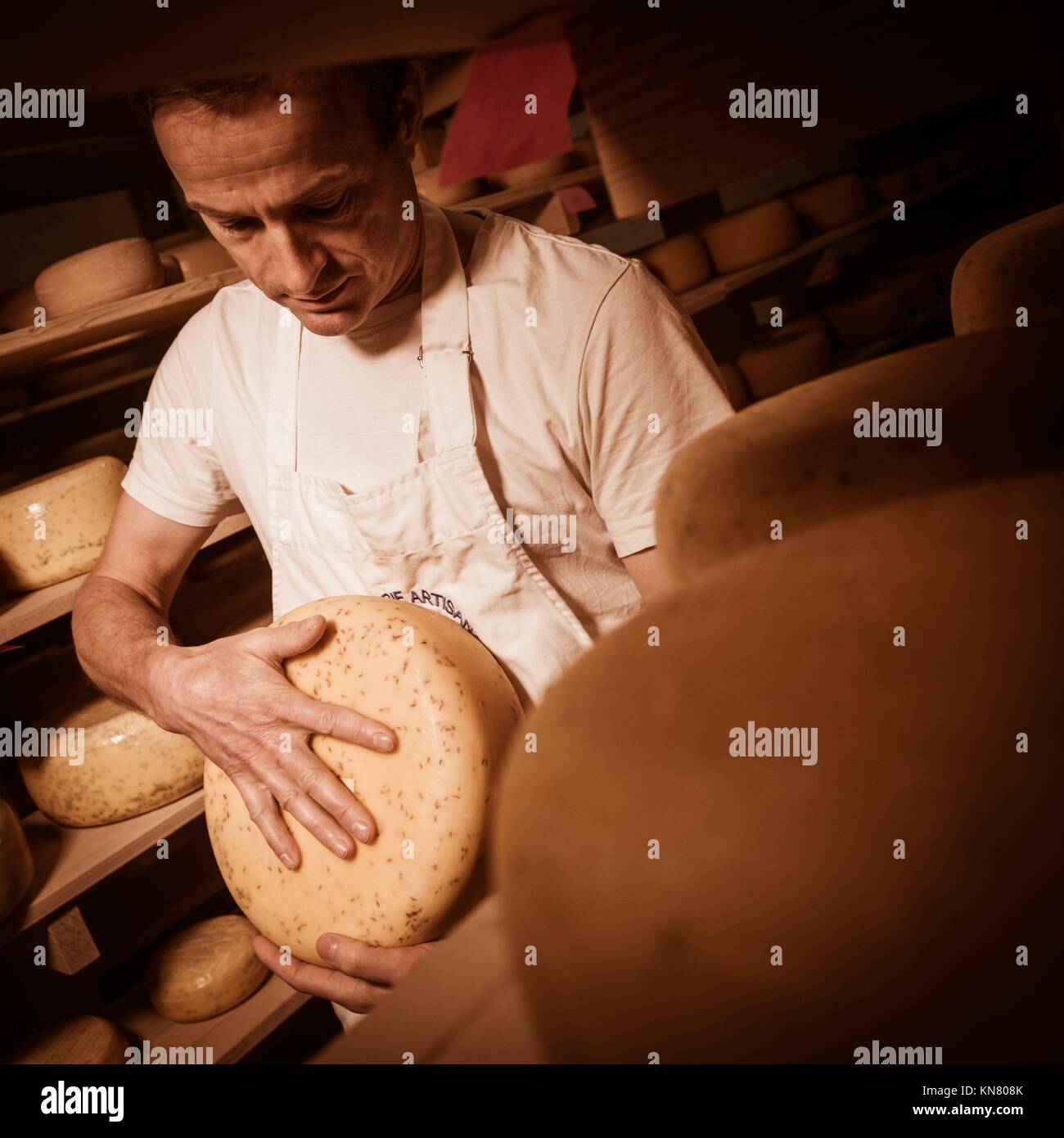 Cheese maker cleaning cheeses in his Stock Photo Alamy