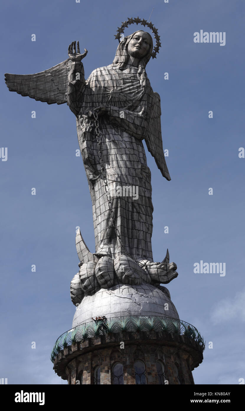 Detail of the huge aluminium covered statue of the Virgin of Quito. The statue is sited on the top of the hill above Quito called El Panecillo. It was Stock Photo