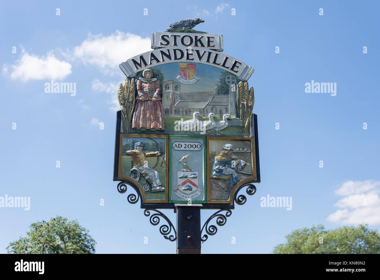 Village sign, Stoke Mandeville, Buckinghamshire, England, United Kingdom Stock Photo