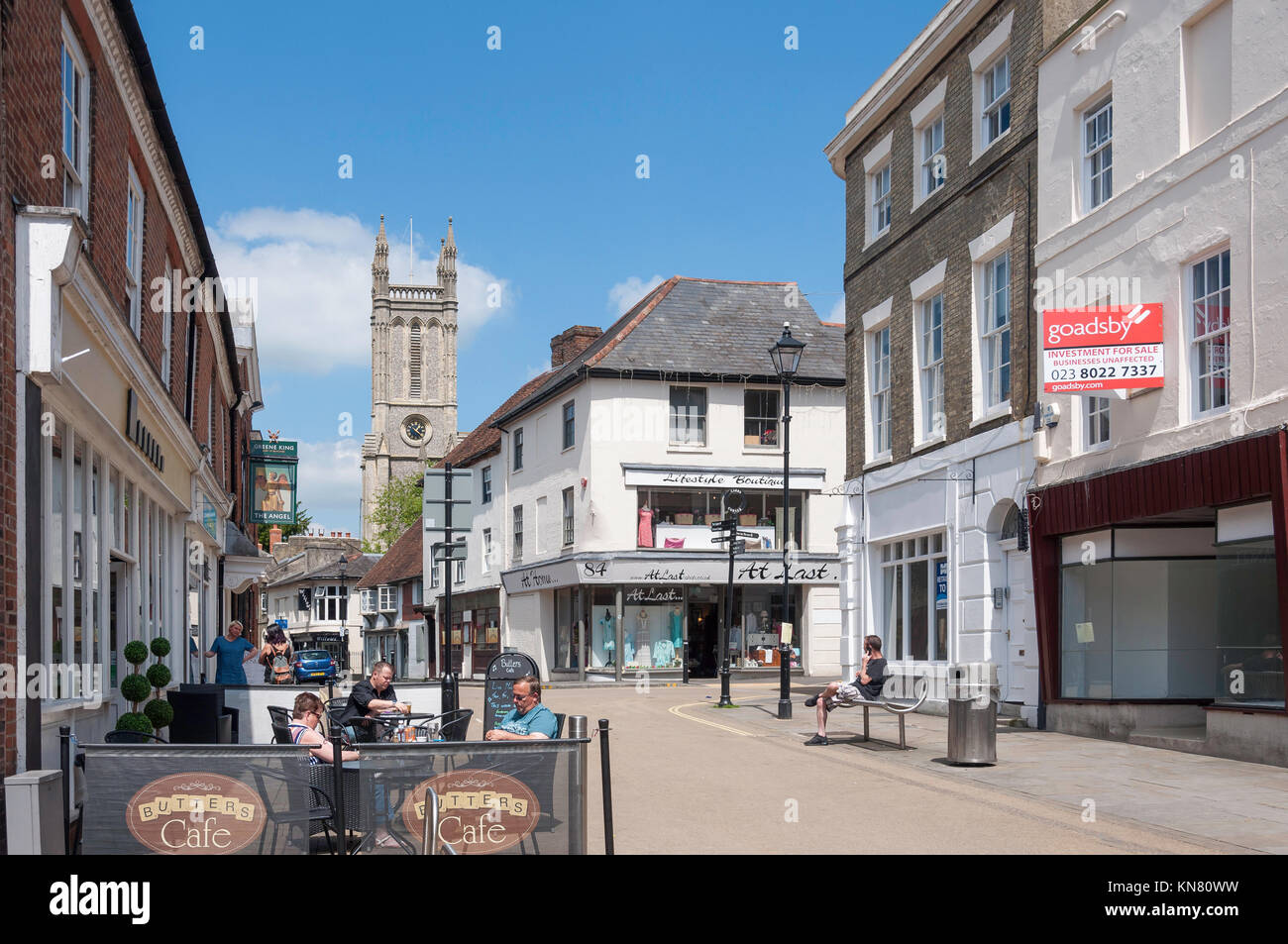 High Street showing St Mary's Church tower, Andover, Hampshire, England, United Kingdom Stock Photo
