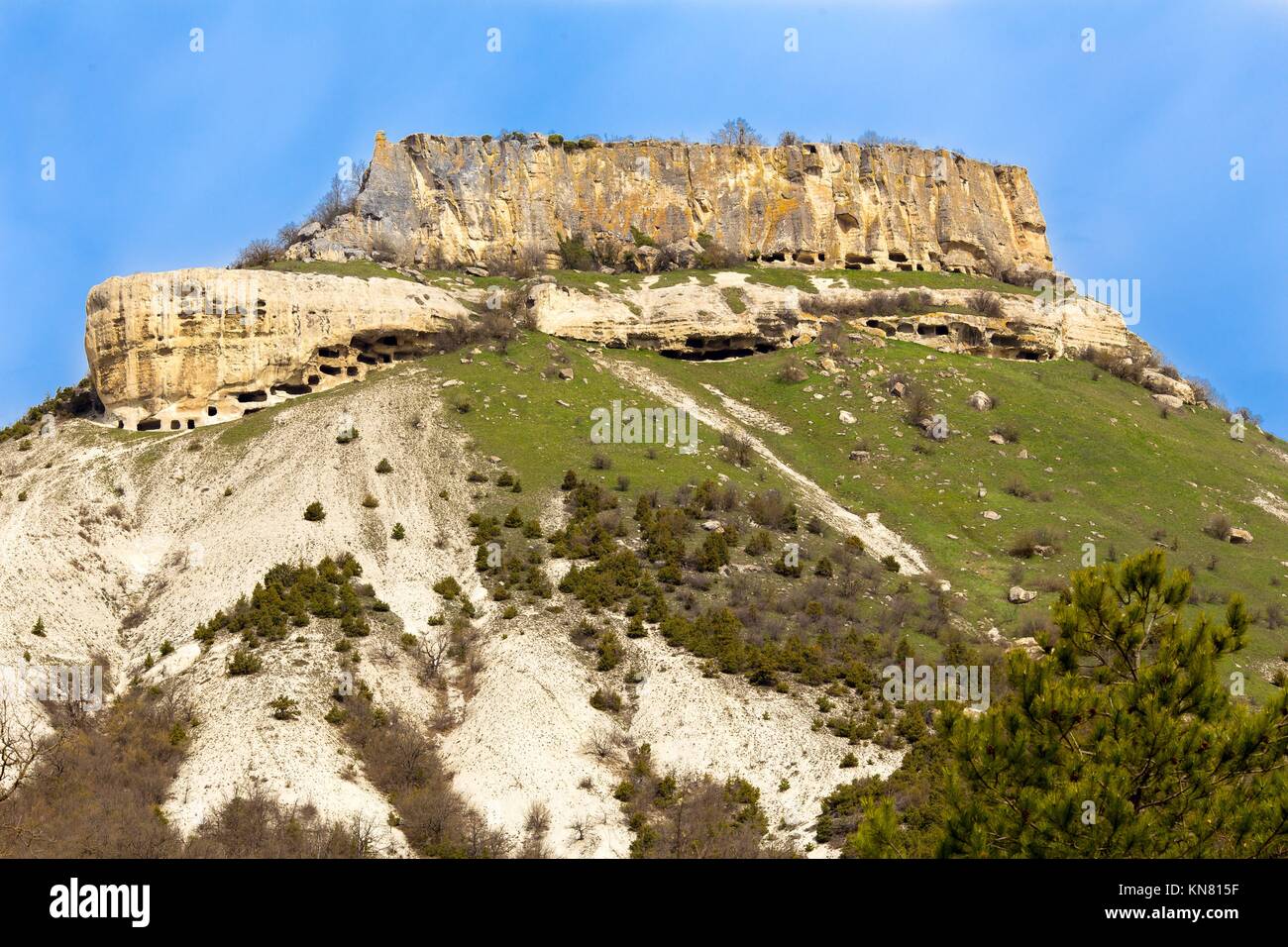 Medieval cave city fortress landscape Tepe-Kermen Crimea. Stock Photo