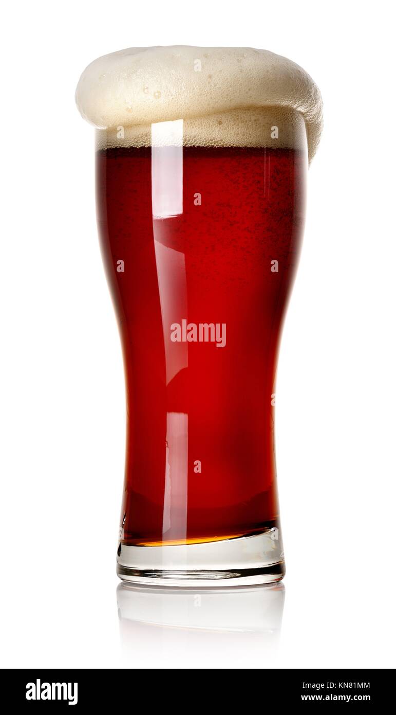 Froth on red beer isolated on white. Stock Photo