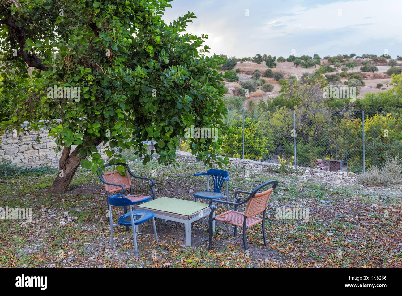 Table and chairs in the garden, Lefkara, Cyprus Stock Photo Alamy