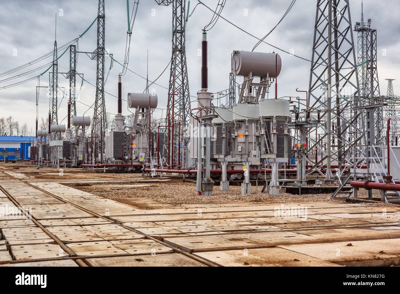 Electric power plant, power transmission line, industrial equipment Stock  Photo - Alamy