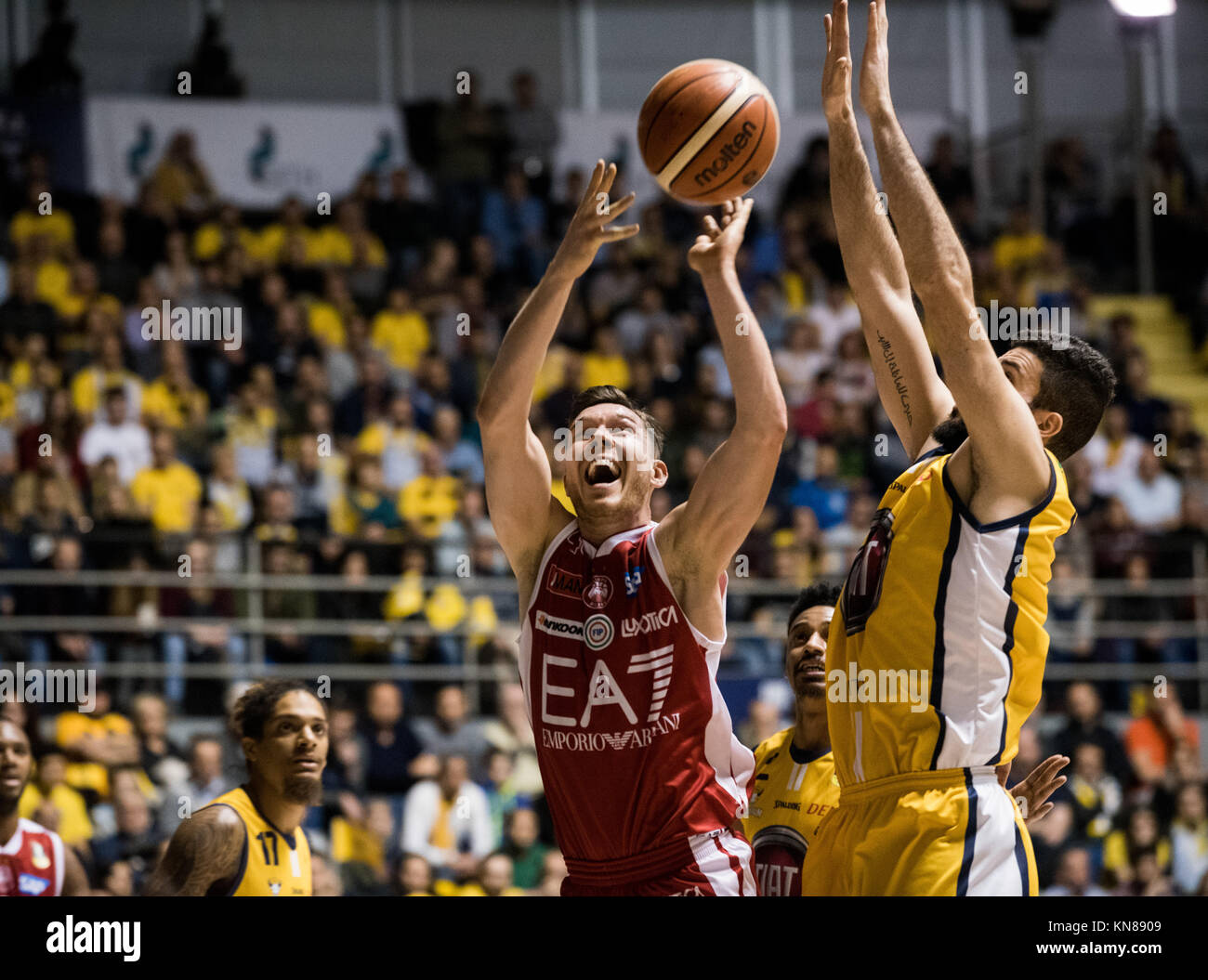 Dairis Bertans (Olimpia Milano) during the Serie A Basketball Match: Fiat Torino Auxilium vs Olimpia Milano. Fiat Torino Auxilium won 71-59 at Palaruffini in Turin, 10th december 2017 Italy Stock Photo