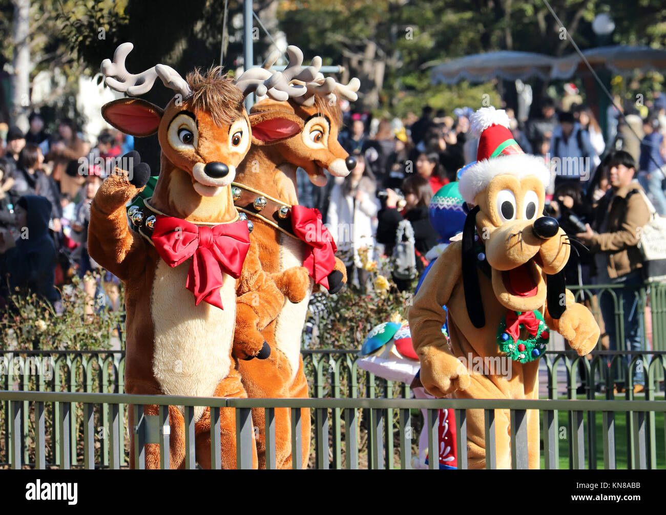 Monday. 11th Dec, 2007. December 11 2017, Urayasu, Japan - Disney character Pluto and reindeers perform during a parade for Christmas 'Disney Christmas Stories' at the Tokyo Disneyland in Urayasu, suburban Tokyo on Monday, December 11, 2007. Disney characters performed as part of Christmas show which would be carried through Christmas Day. Credit: Yoshio Tsunoda/AFLO/Alamy Live News Stock Photo